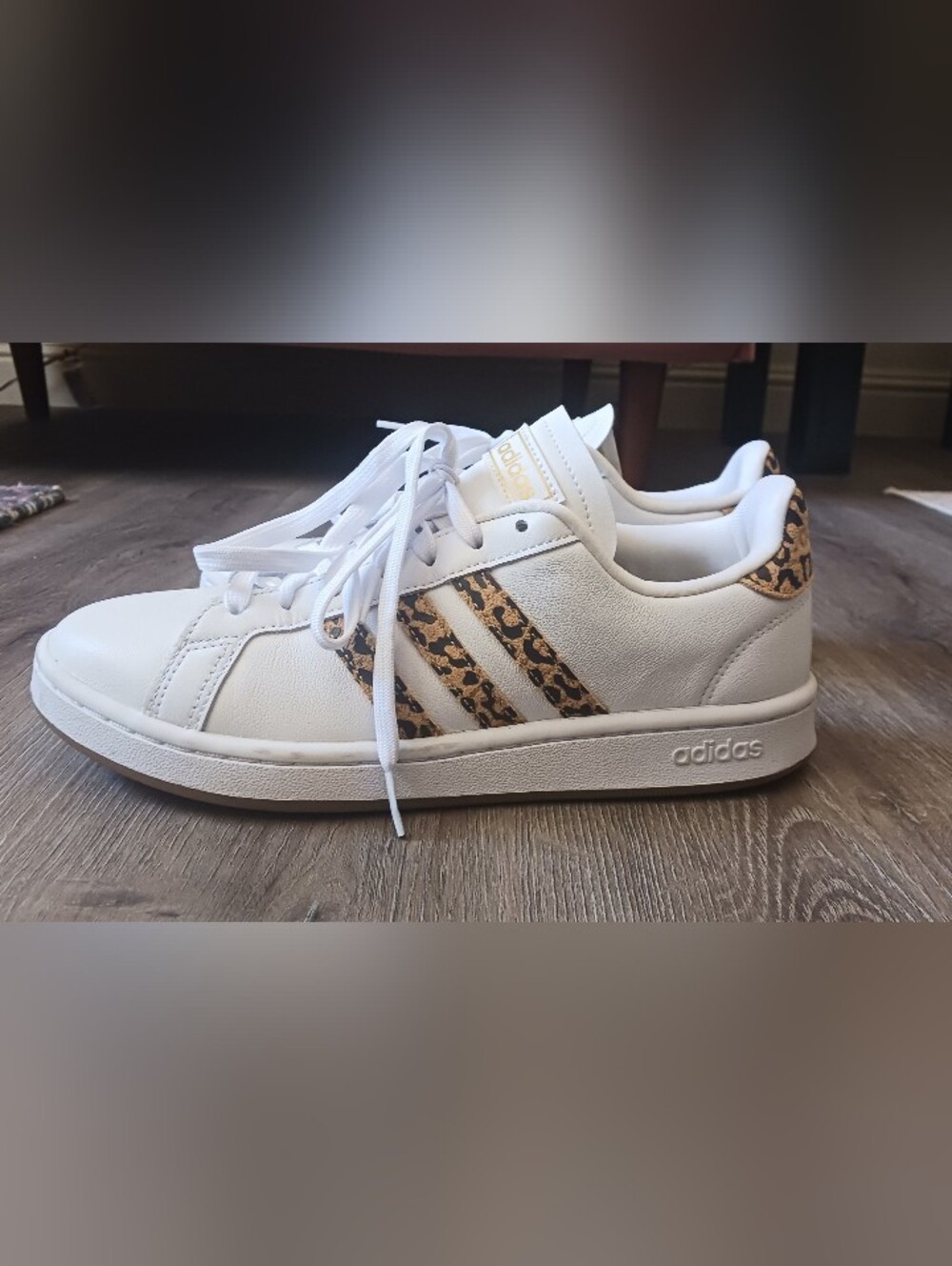 adidas White Sneakers with Leopard-Print Stripes, W Size 8.5 - Picture 11 of 11